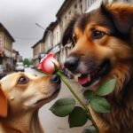 Cane che regala una rosa alla sua cagnetta