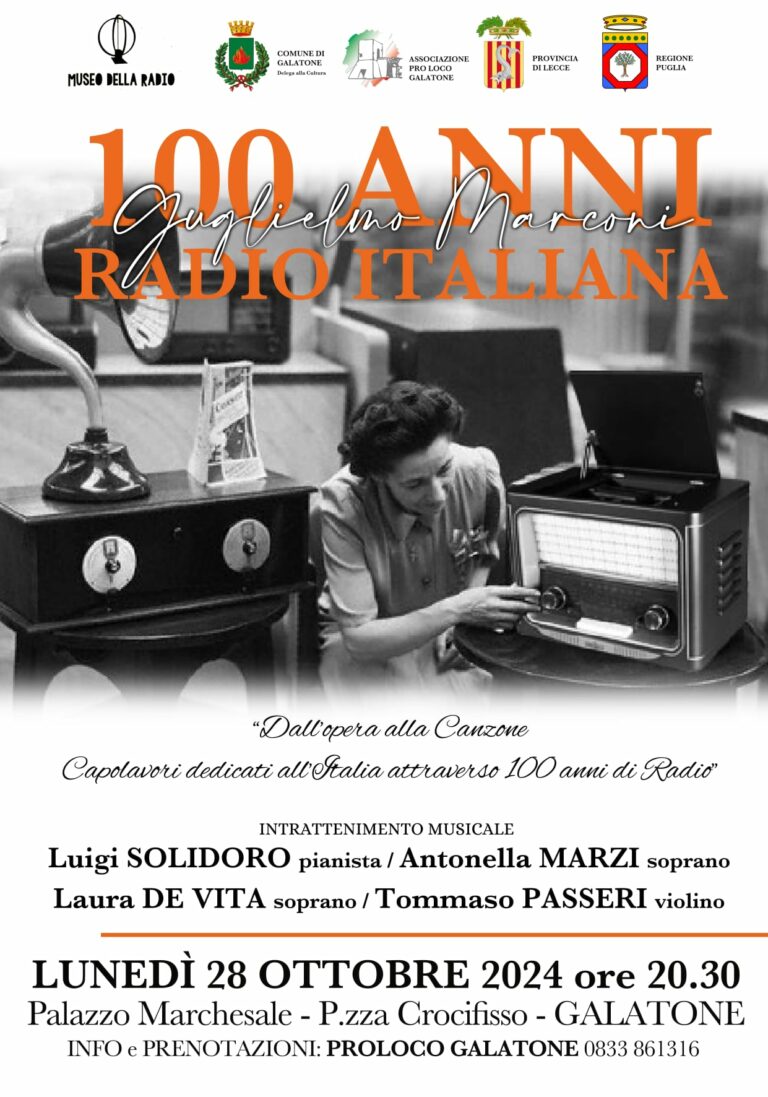 locandina evento a Galatone dedicato a Guglielmo Marconi e ai 100 anni della Radio italiana